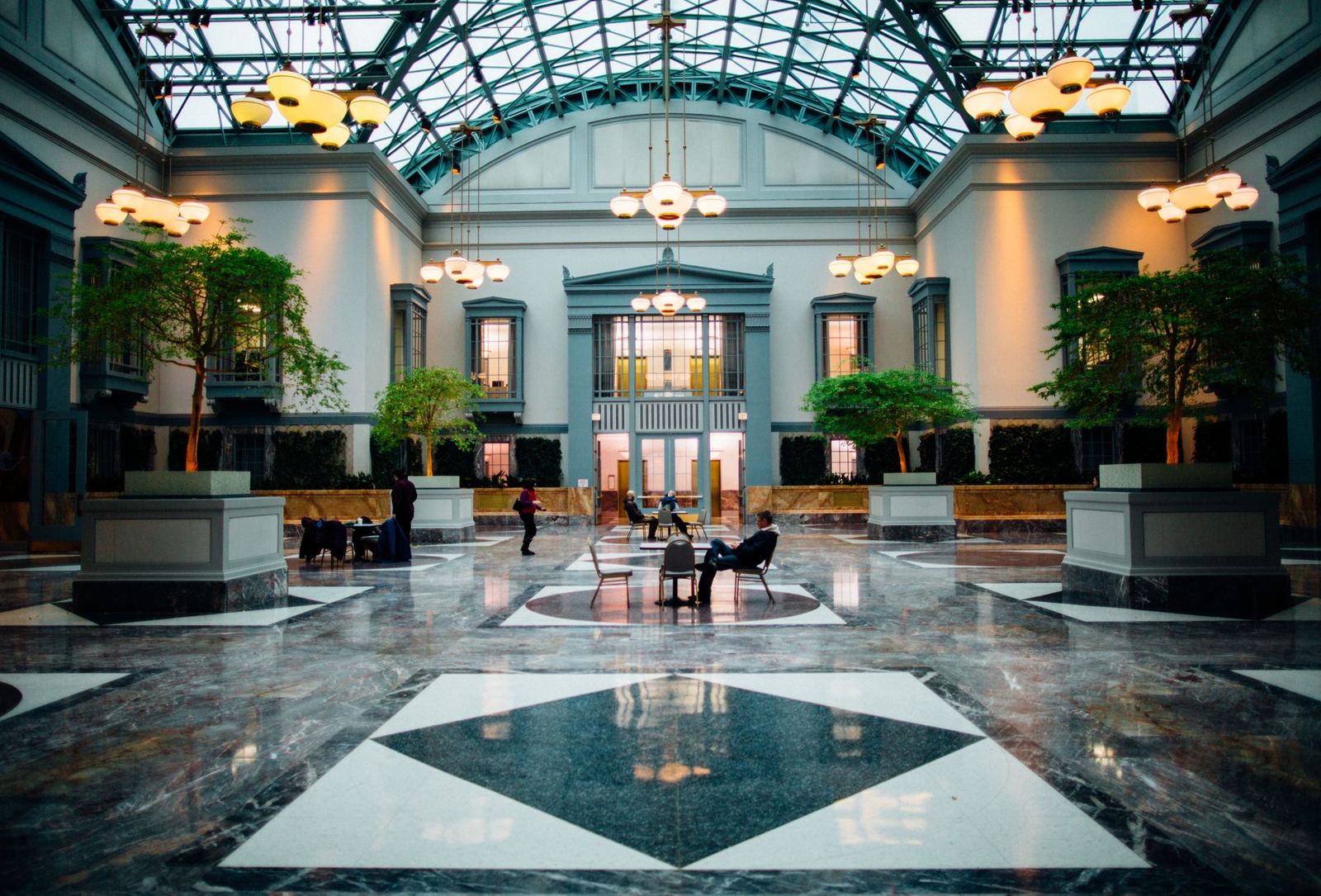 Grand hotel lobby with a chandelier